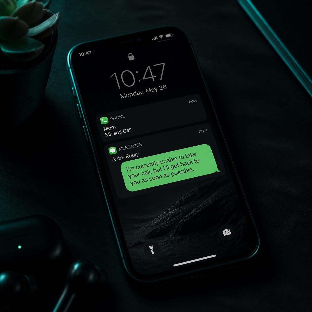 Phone showing a missed call and an instant automated text reply